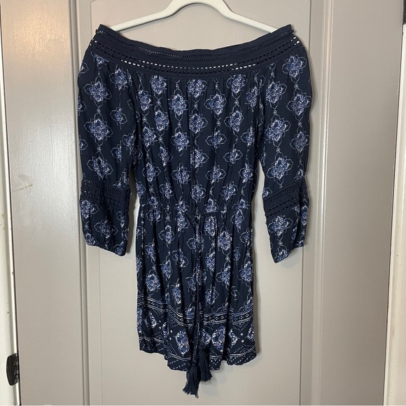Hollister Romper Size XS Navy Blue Off Shoulder Boho Tassel Drawstring Waist - Picture 4 of 7